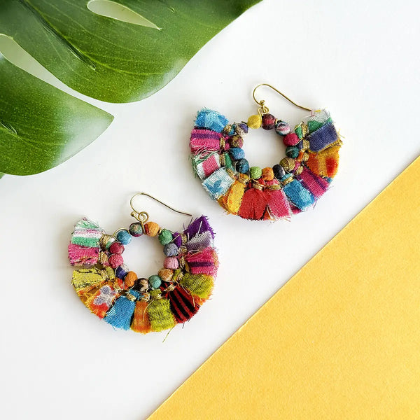 Tasseled Kantha Hoop Earrings  WorldFinds   