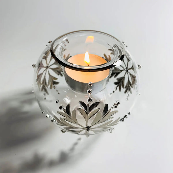 Blown Glass Tealight Holder  Dandarah Silver Snowflake  