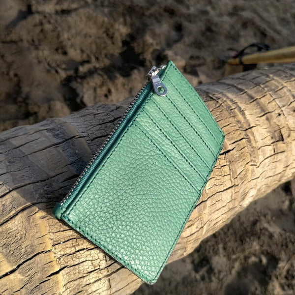 Zippered Leather Card Wallet  Twin Engine Leaf Green  