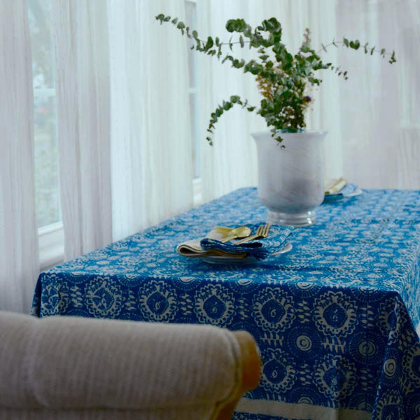 Block Printed Cotton Table Cloth 80" x 120" Enchanted Forest Ichcha   