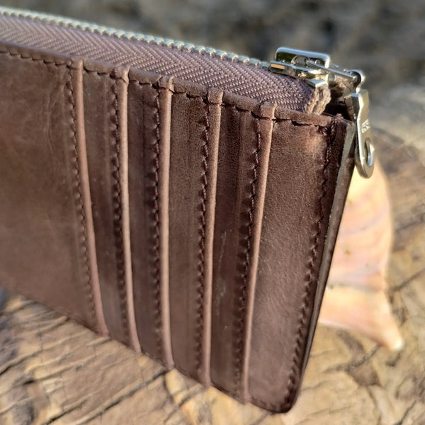 Zippered Leather Card Wallet  Twin Engine Mocha Brown  